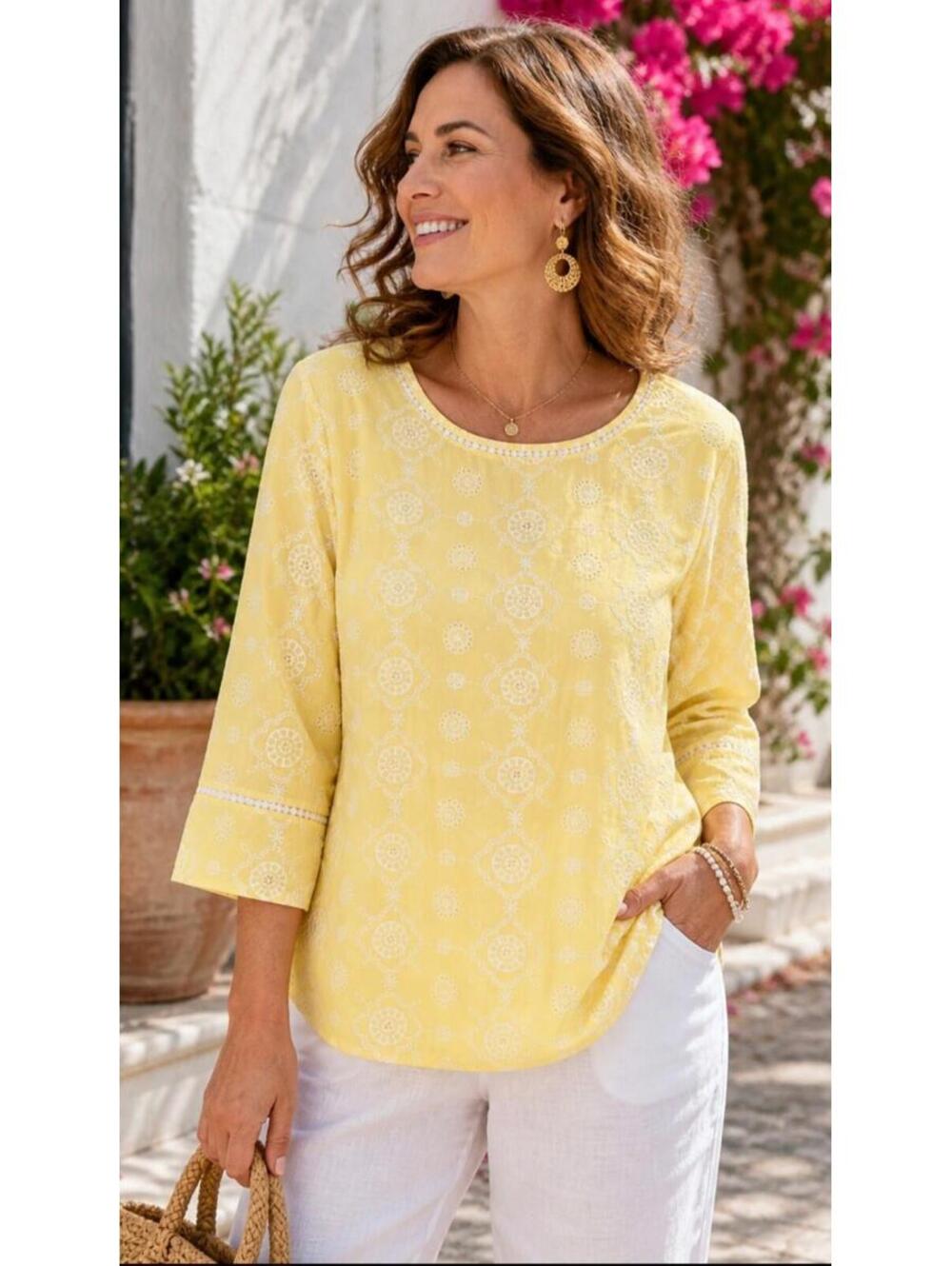 Alfred Dunner Embroidered Blouse Womens Size XL Yellow Cotton Boho Eyelet Summer